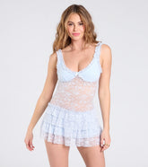 Dainty And Divine Sheer Lace Bodycon Ruffle Mini Dress